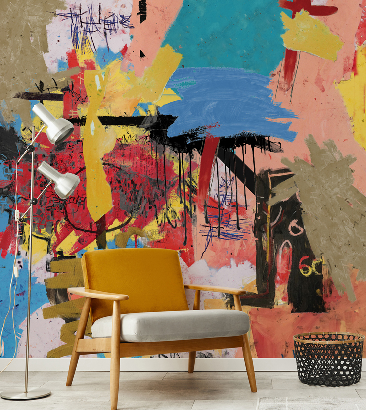colourful abstract mural in maximalist living room