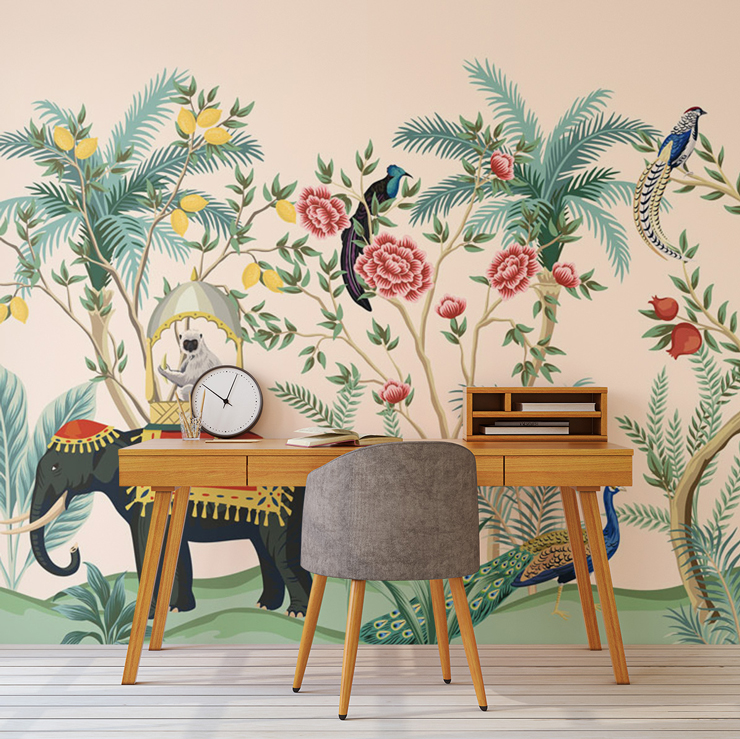 chinoiserie wall mural in maximalist home office
