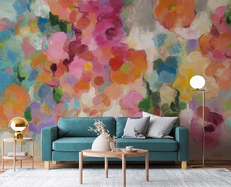 bold floral mural in maximalist living room