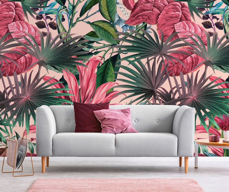 pink jungle wallpaper in maximalist living room idea
