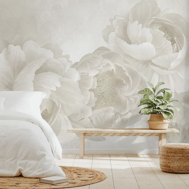 off white floral wallpaper in master bedroom design