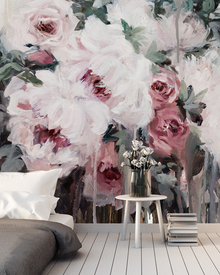dark floral wallpaper in romantic bedroom design