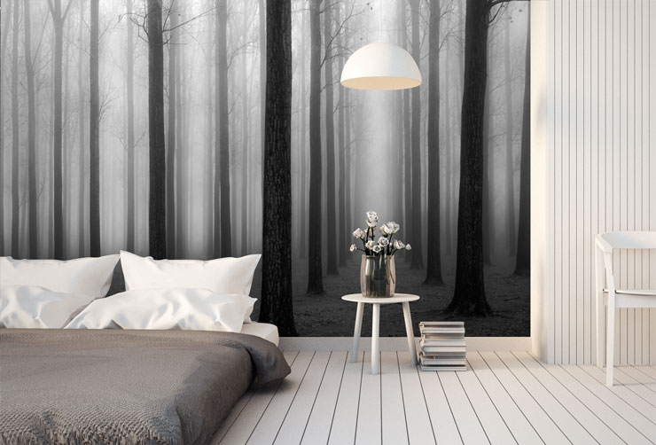 Forest-wallpaper-in-monochrome-bedroom
