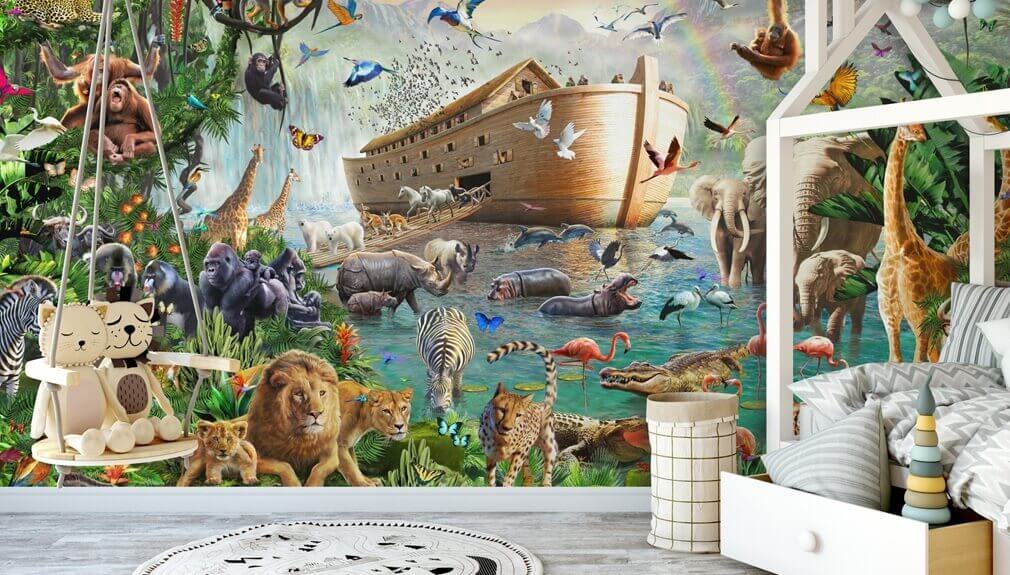 Noah's ark wall mural in kids bedroom