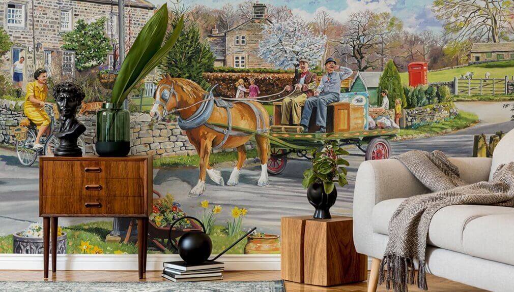 horse pulling cart mural in living room