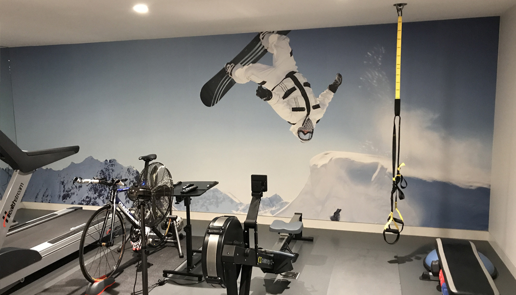 snowboarding mural in gym