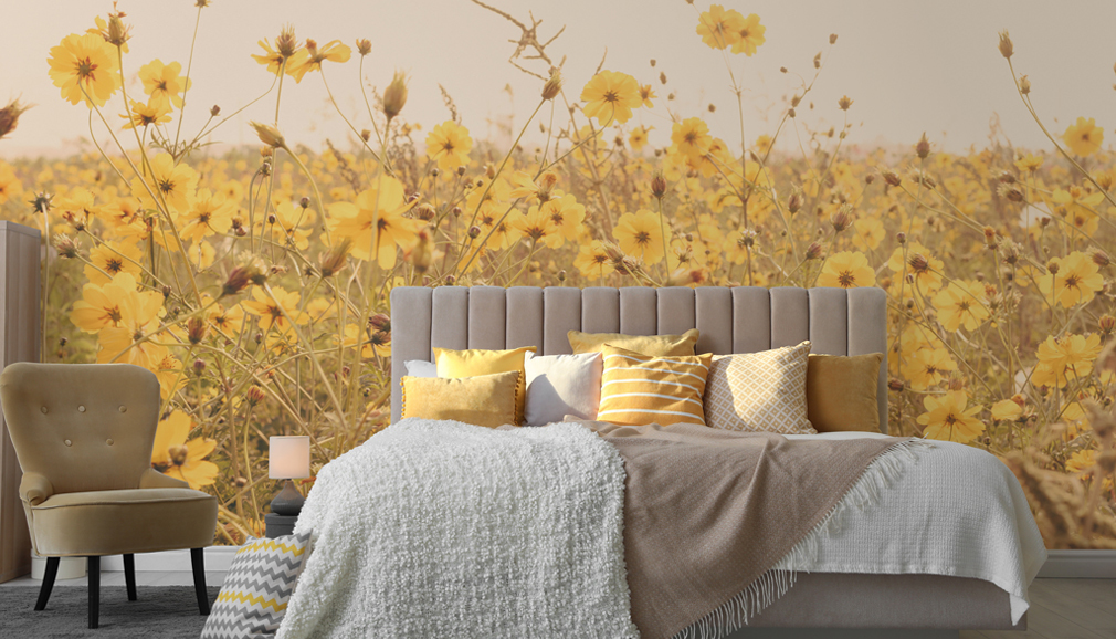 yellow floral photo wallpaper in bedroom