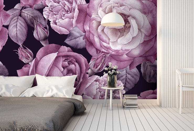 purple and white flower wallpaper in scandi bedroom