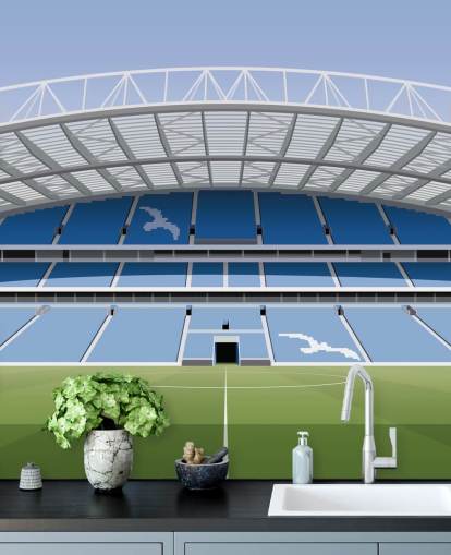 mural de papel pintado azul, blanco y verde de Brighton llamado Amex Stadium Football Stadium para niños, adolescentes y cuevas de hombres