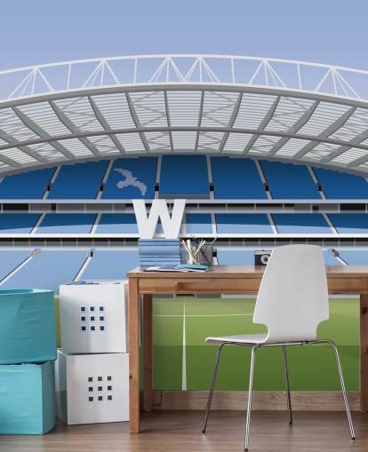 mural de papel de parede azul, branco e verde de Brighton chamado Amex Stadium Football Stadium para crianças, adolescentes e cavernas masculinas