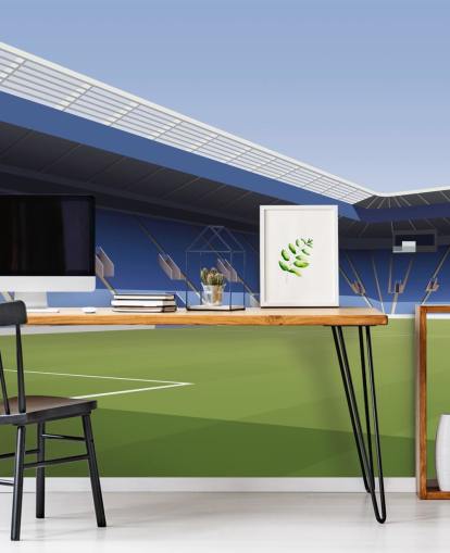 Personalisierbare Leicester-City-Tapete in Blau und Grün mit dem Titel King Power Stadium Football Stadium für Schlafzimmer