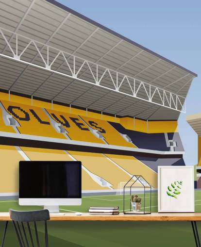 murale di carta da parati arancione, nero e verde dei Wolverhampton Wanderers chiamato Molineux Stadium Football Stadium