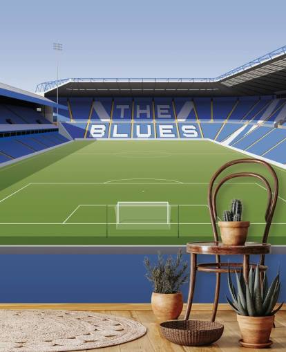blauwe, witte en groene aanpasbare Birmingham City behangmuurschildering genaamd St Andrew's Football Stadium voor slaapkamers blauwe, witte en groene aanpasbare Birmingham City behangmuurschildering genaamd St Andrew's Football Stadium voor slaapkamers