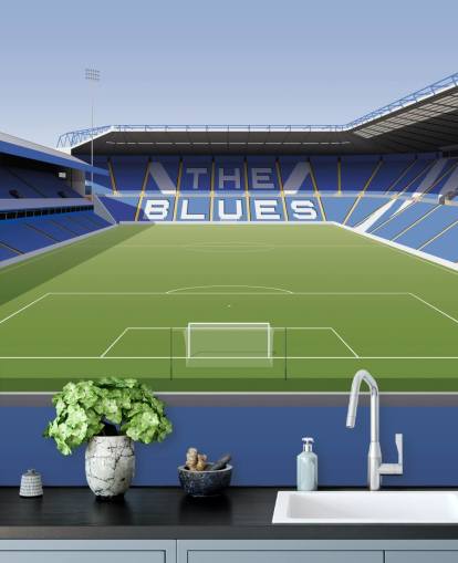 blue, white and green customizable Birmingham City wallpaper mural called St Andrew's Football Stadium for bedrooms