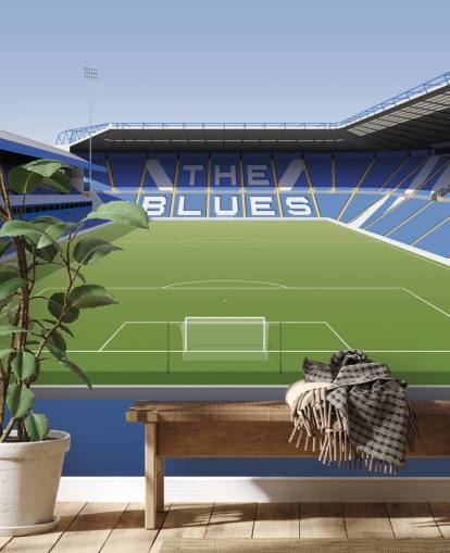 sininen, valkoinen ja vihreä muokattava Birmingham City -taustakuvamaalaus nimeltä St Andrew's Football Stadium makuuhuoneisiin sininen, valkoinen ja vihreä muokattava Birmingham City -taustakuvamaalaus nimeltä St Andrew's Football Stadium makuuhuoneisiin