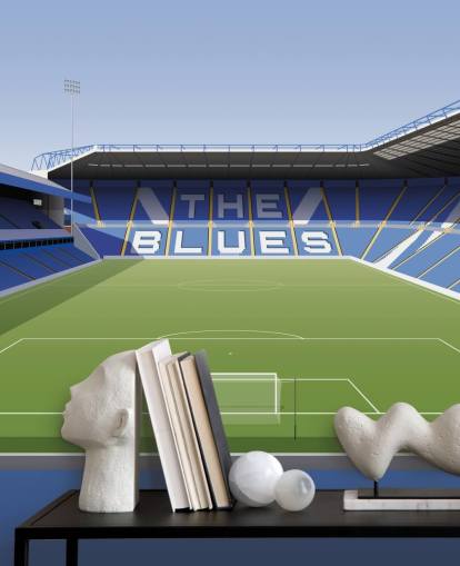 blauwe, witte en groene aanpasbare Birmingham City behangmuurschildering genaamd St Andrew's Football Stadium voor slaapkamers blauwe, witte en groene aanpasbare Birmingham City behangmuurschildering genaamd St Andrew's Football Stadium voor slaapkamers