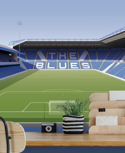 blauwe, witte en groene aanpasbare Birmingham City behangmuurschildering genaamd St Andrew's Football Stadium voor slaapkamers blauwe, witte en groene aanpasbare Birmingham City behangmuurschildering genaamd St Andrew's Football Stadium voor slaapkamers