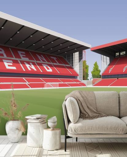 mural rojo y verde de papel pintado del bosque de Nottingham llamado City Ground Football Stadium para dormitorios