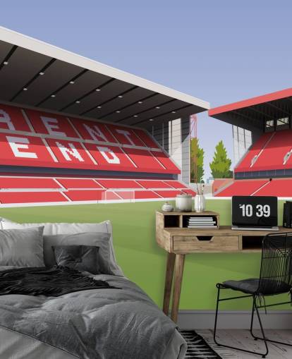 punainen ja vihreä Nottinghamin metsätaustakuvamaalaus nimeltä City Ground Football Stadium makuuhuoneisiin