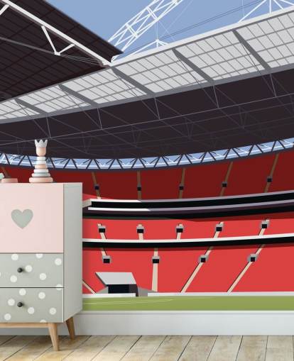 rødt og grønt fodboldstadion tapetmaleri kaldet Wembley Stadium af Matthew J I Wood til soveværelser og hjemmekontorer