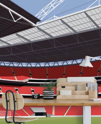 red and green football stadium wallpaper mural called Wembley Stadium by Matthew J I Wood for bedrooms and home offices