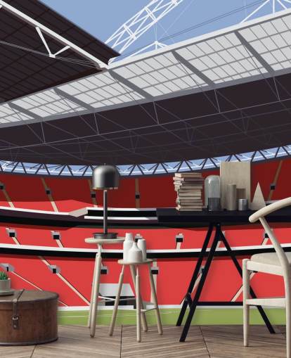 mural de papel de parede de estádio de futebol vermelho e verde chamado Estádio de Wembley, de Matthew J I Wood, para quartos e escritórios domésticos