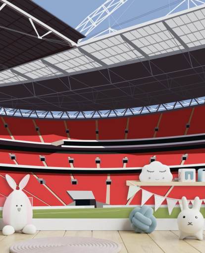 mural de papel pintado rojo y verde de un estadio de fútbol llamado Estadio de Wembley de Matthew J I Wood para dormitorios y oficinas en casa