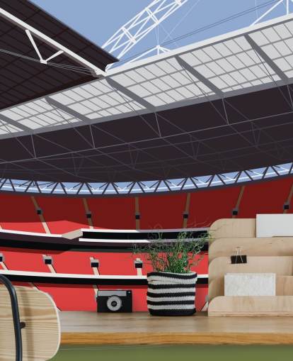 mural de papel de parede de estádio de futebol vermelho e verde chamado Estádio de Wembley, de Matthew J I Wood, para quartos e escritórios domésticos