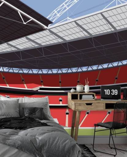 rødt og grønt fodboldstadion tapetmaleri kaldet Wembley Stadium af Matthew J I Wood til soveværelser og hjemmekontorer rødt og grønt fodboldstadion tapetmaleri kaldet Wembley Stadium af Matthew J I Wood til soveværelser og hjemmekontorer