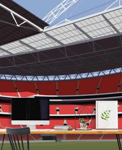 mural de papel de parede de estádio de futebol vermelho e verde chamado Estádio de Wembley, de Matthew J I Wood, para quartos e escritórios domésticos