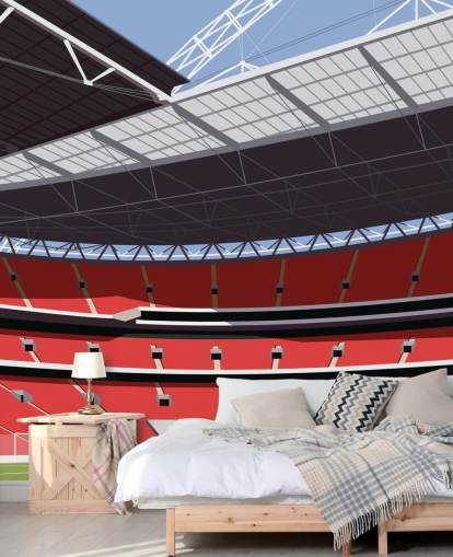 rødt og grønt fodboldstadion tapetmaleri kaldet Wembley Stadium af Matthew J I Wood til soveværelser og hjemmekontorer