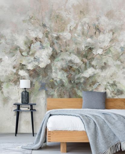 hvidt tilpassbart blomstertapet vægmaleri kaldet Blooming Textures af Carol Robinson til badeværelser, soveværelser og lounger