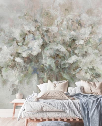 hvidt tilpassbart blomstertapet vægmaleri kaldet Blooming Textures af Carol Robinson til badeværelser, soveværelser og lounger