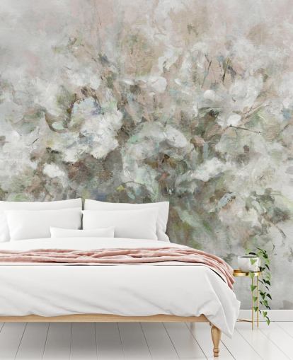valkoinen muokattava kukka-taustakuvamaalaus nimeltä Carol Robinson Blooming Textures kylpyhuoneisiin, makuuhuoneisiin ja oleskelutiloihin