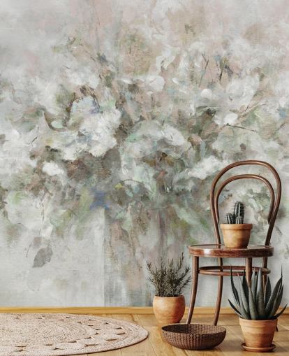 mural de papel de parede floral branco personalizável chamado Blooming Textures de Carol Robinson para banheiros, quartos e lounges