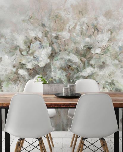 white customisable floral wallpaper mural called Blooming Textures by Carol Robinson for bathrooms, bedrooms and lounges