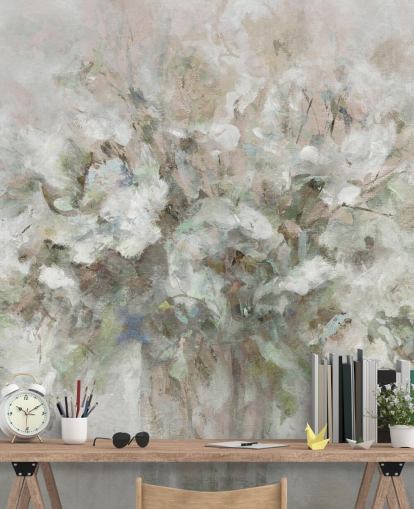 white customisable floral wallpaper mural called Blooming Textures by Carol Robinson for bathrooms, bedrooms and lounges