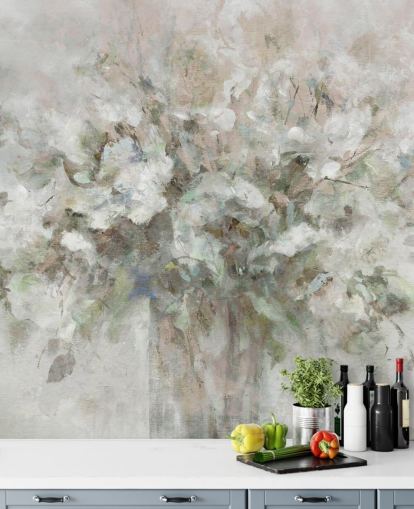 white customizable floral wallpaper mural called Blooming Textures by Carol Robinson for bathrooms, bedrooms and lounges