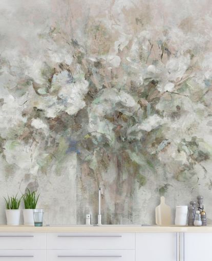 white customisable floral wallpaper mural called Blooming Textures by Carol Robinson for bathrooms, bedrooms and lounges