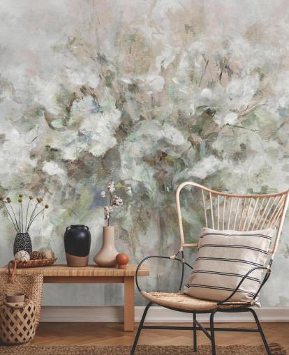 hvitt tilpassbart blomstertapet veggmaleri kalt Blooming Textures av Carol Robinson for bad, soverom og salonger