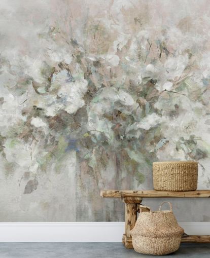 white customisable floral wallpaper mural called Blooming Textures by Carol Robinson for bathrooms, bedrooms and lounges