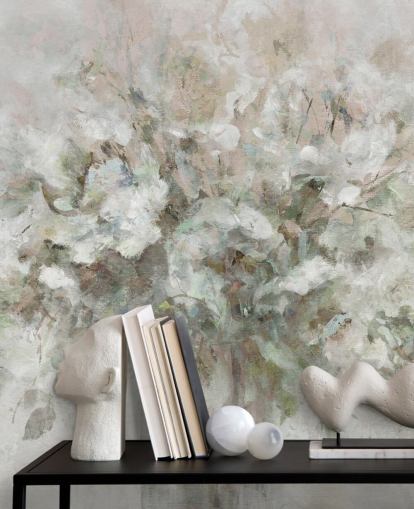 valkoinen muokattava kukka-taustakuvamaalaus nimeltä Carol Robinson Blooming Textures kylpyhuoneisiin, makuuhuoneisiin ja oleskelutiloihin