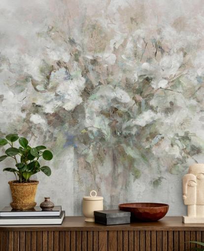 valkoinen muokattava kukka-taustakuvamaalaus nimeltä Carol Robinson Blooming Textures kylpyhuoneisiin, makuuhuoneisiin ja oleskelutiloihin