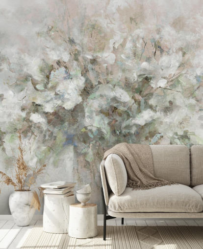 carta da parati murale floreale bianca personalizzabile chiamata Blooming Textures di Carol Robinson per bagni, camere da letto e salotti