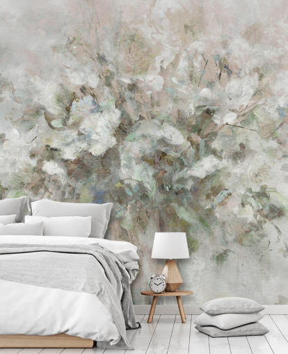 hvitt tilpassbart blomstertapet veggmaleri kalt Blooming Textures av Carol Robinson for bad, soverom og salonger