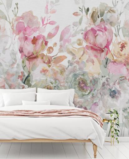 hvid og lyserød tilpasselig blomstertapet vægmaleri kaldet Floral Confetti Collage af Carol Robinson