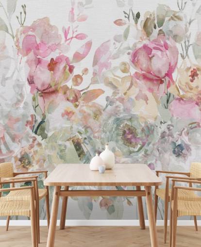 witte en roze aanpasbare bloemenbehangmuurschildering genaamd Floral Confetti Collage van Carol Robinson witte en roze aanpasbare bloemenbehangmuurschildering genaamd Floral Confetti Collage van Carol Robinson