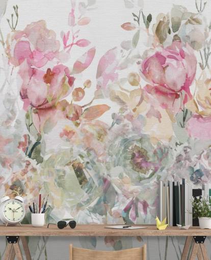 hvid og lyserød tilpasselig blomstertapet vægmaleri kaldet Floral Confetti Collage af Carol Robinson