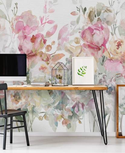 hvitt og rosa tilpassbart blomstertapet veggmaleri kalt Floral Confetti Collage av Carol Robinson