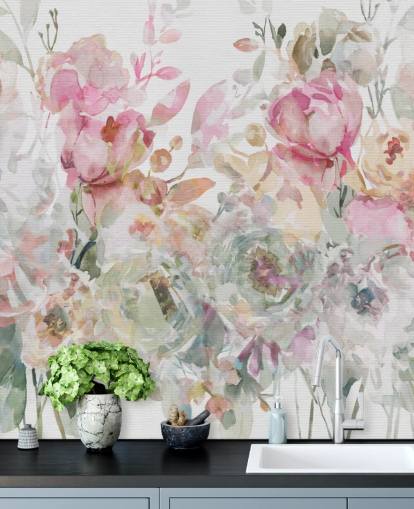mural de papel pintado floral personalizable blanco y rosa llamado Floral Confetti Collage de Carol Robinson